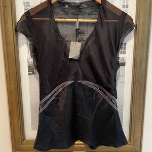 NWT Alberta Ferretti black semi sheer 100% silk V neck top in size US8